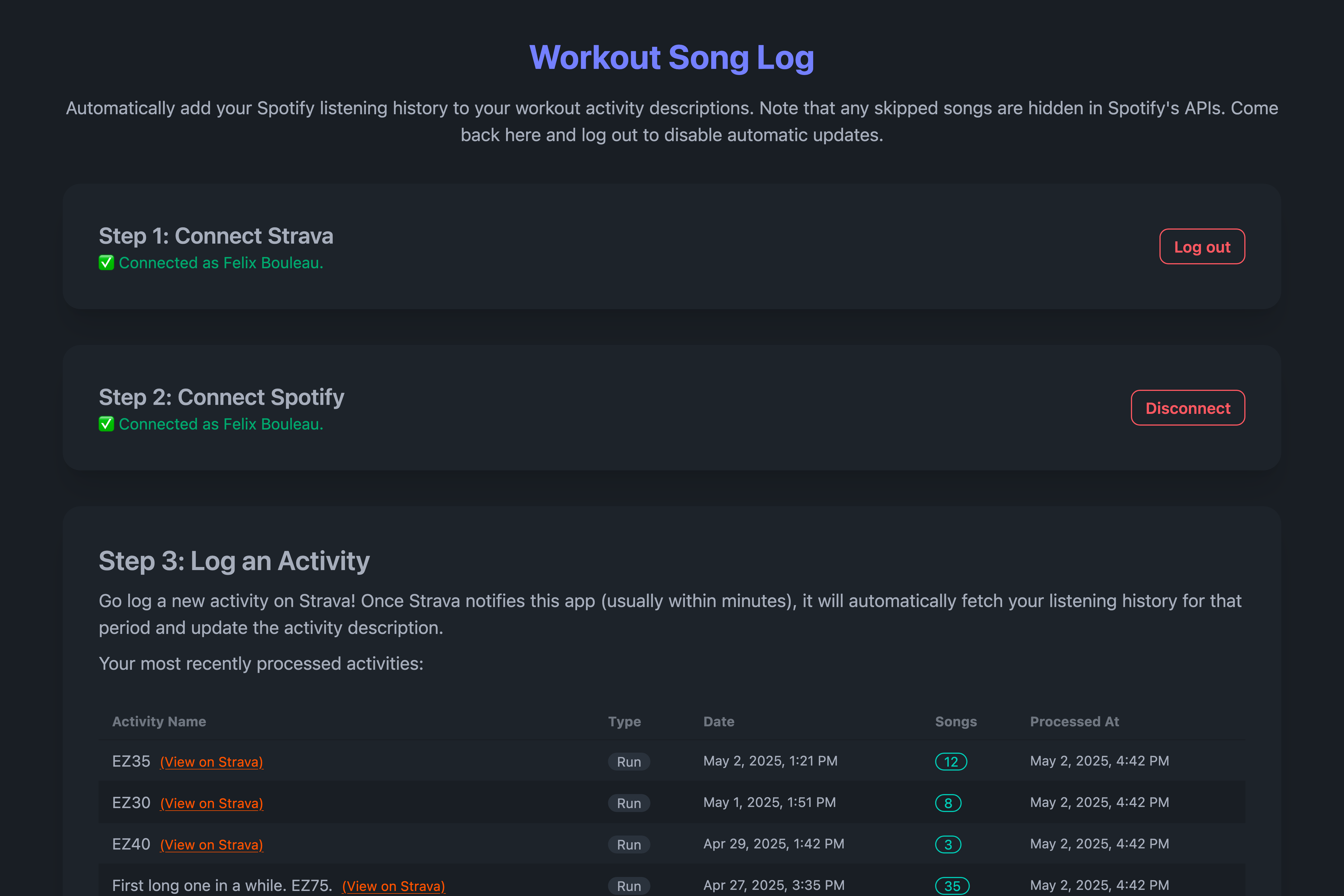 A screenshot of workout-song-log.bouleau.dev