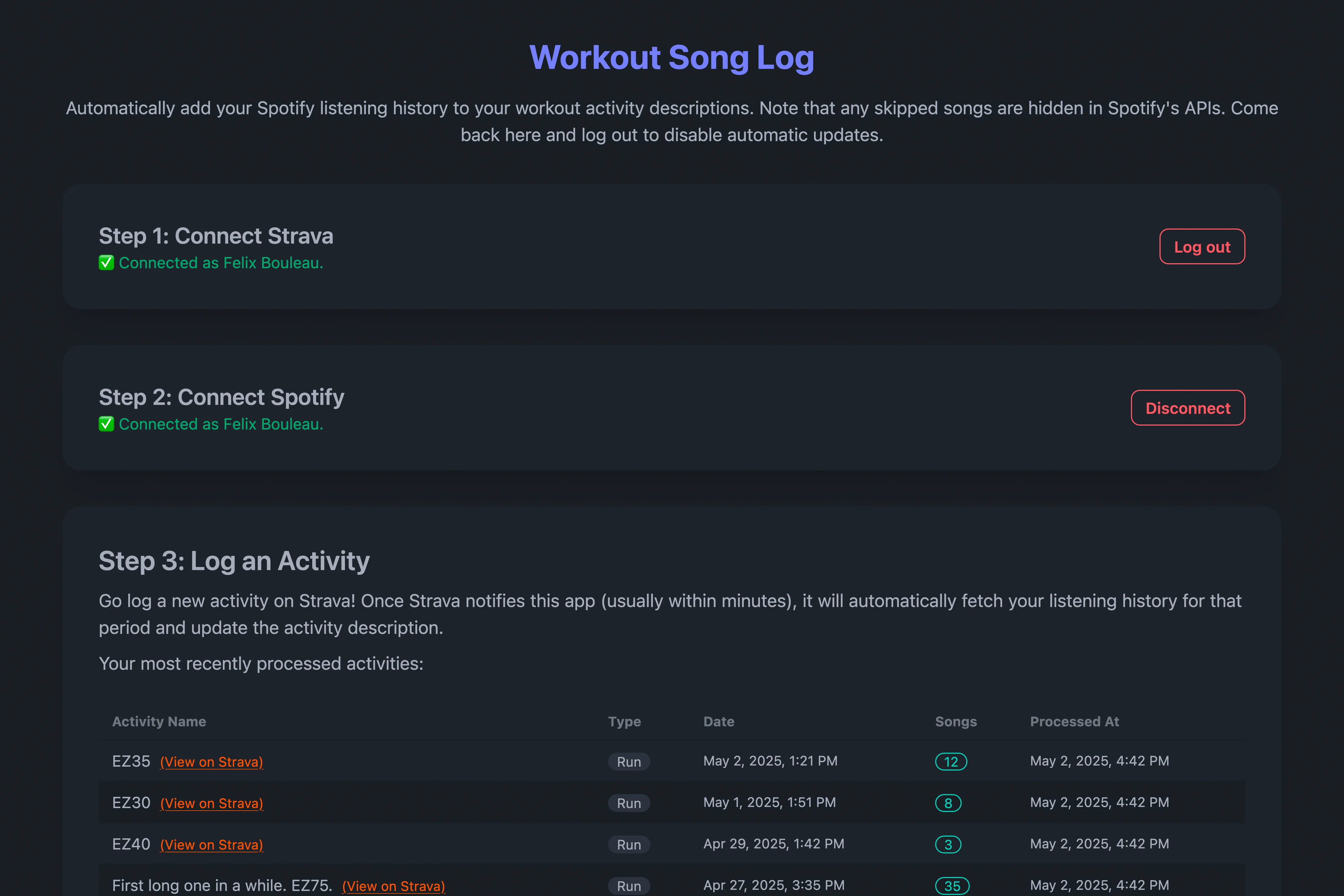 A screenshot of workout-song-log.bouleau.dev