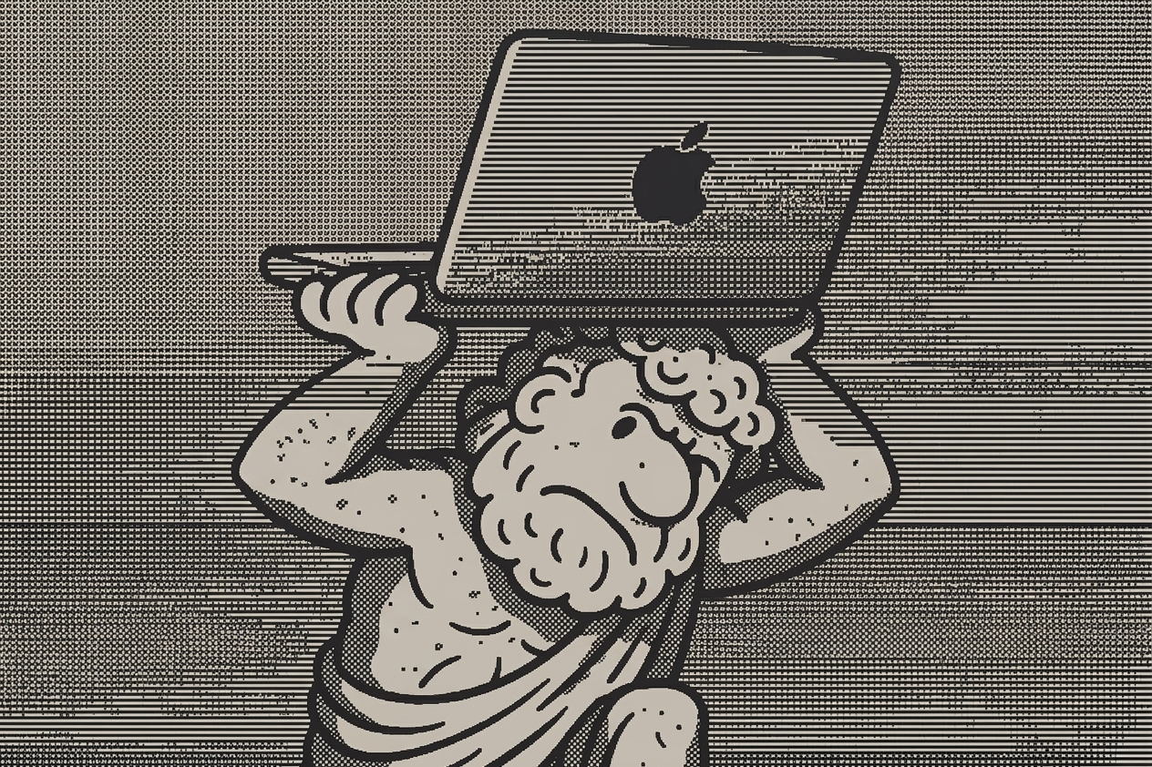 A cartoon image showing an Atlas-like god carrying a Macbook on its back.